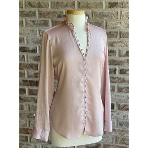 •EXPRESS• Slim Fit Satin Portofino Ruffle Shirt in Truffle Pink, Size Medium